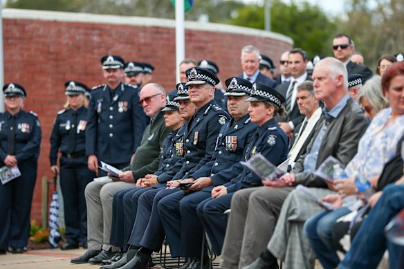 Mike Bush at the service at Wangaratta police station on Tuesday to unveil memorials for Neal Thompson and Vadim de Waart-Hottart.