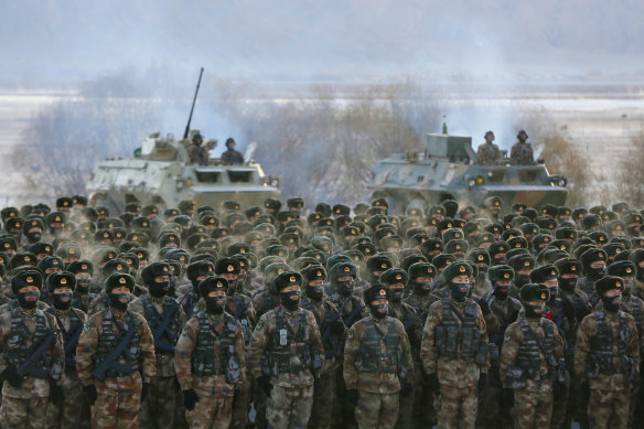 Chinese soldiers rally while training in Kashgar, Xinjiang, in January. Beijing says re-education camps for Uighur Muslims are necessary to fight extremism.