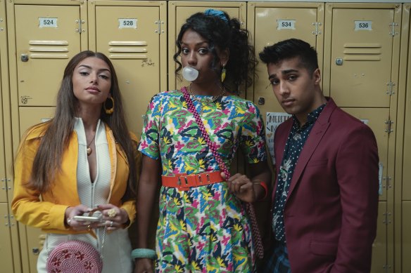 Mimi Keene (left, as Ruby Matthews) with Simone Ashley and Chaneil Kular in Sex Education.