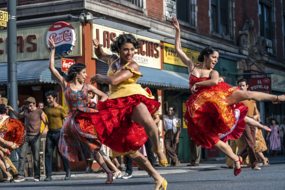 Ilda Mason as Luz, Ariana DeBose as Anita and Ana Isabelle as Rosalia in West Side Story.