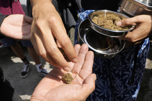A cannabis activist gives out free cannabis at a demonstration outside the Government House in Bangkok, Thailand, this week.