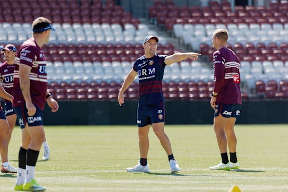 New Manly coach Kieran Foran with Tom Trbojevic on Sunday.
