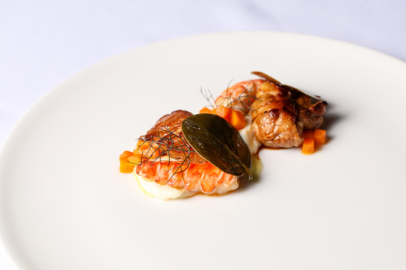 Butter-poached yabbies with sweetbreads and pickled gooseberries.
