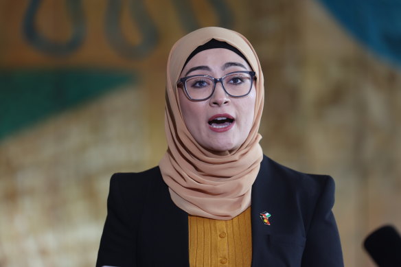 Senator Fatima Payman during a press conference at Parliament House in Canberra.