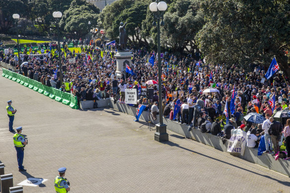 Freedom and Rights Coalition protesters demonstrate outside the NZ parliament in Wellington on Tuesday.