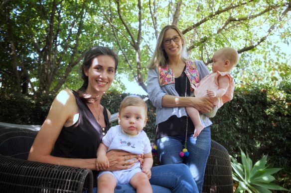 Sally Shannon and Max (left) and Romi Kaufman and Mila (right), met in online expecting-mothers’ groups during lockdown in Melbourne and have become very close in real life.