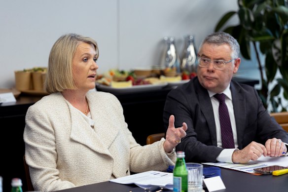 Asahi Beverages chief executive Amanda Sellers and Environment Minister Murray Watt at the 2026 recycling roundtable.