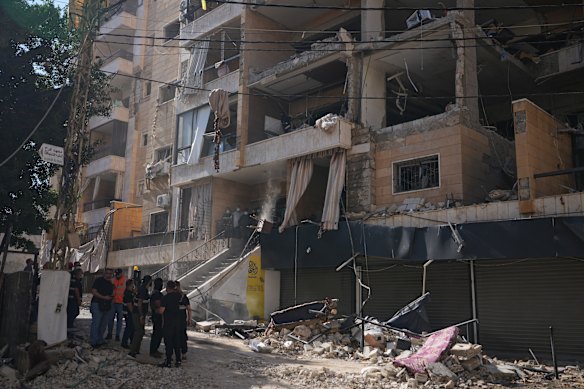 An Israeli airstrike hit a building in Dahiyeh, in Beirut’s south, on Sunday