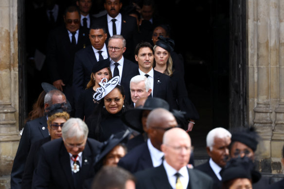 Prime Minister Anthony Albanese and  Canada’s Prime Minister Justin Trudeau and his wife Sophie Trudeau leave after the State Funeral of Queen Elizabeth II at Westminster Abbey.