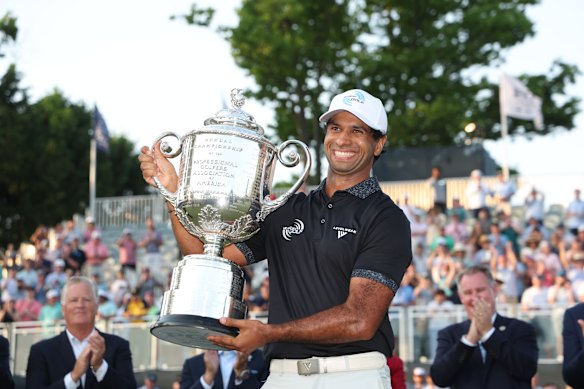Aaron Rai with The Wanamaker Trophy after winning the PGA Championship. 