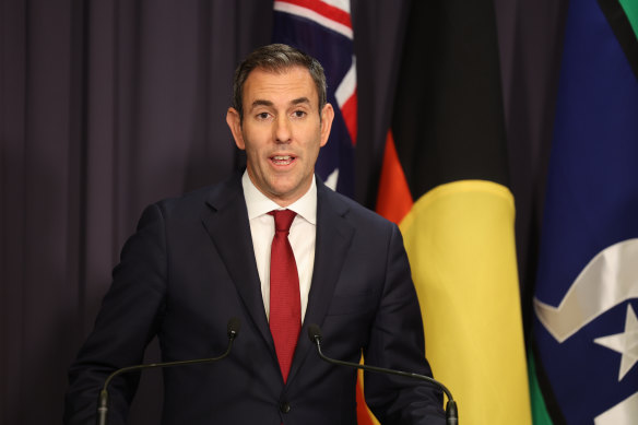 Federal Treasurer Jim Chalmers addressing the media shortly after midday. 