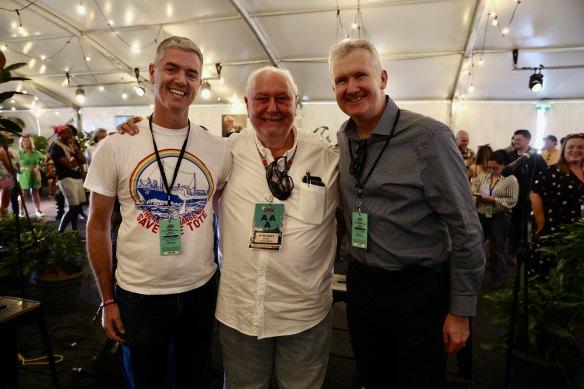 Backstage at Byron Bay Bluesfest Minister for Arts, Night Time Economy and Music John Graham, Bluesfest director Peter Noble and Minister for the Arts Tony Burke. 