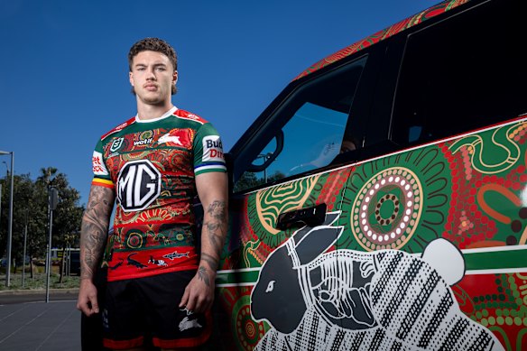 Tallis Duncan tries the Rabbitohs’ Indigenous jersey on for size. 