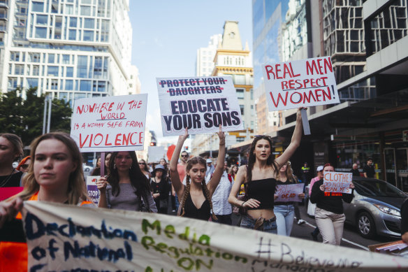 Women let Sydney know how they feel during a protest rally on Saturday.