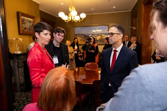 Treasurer Daniel Mookhey and NSW Minister for Disability Inclusion and Families and Communities Kate Washington during a meeting with carers on Tuesday.