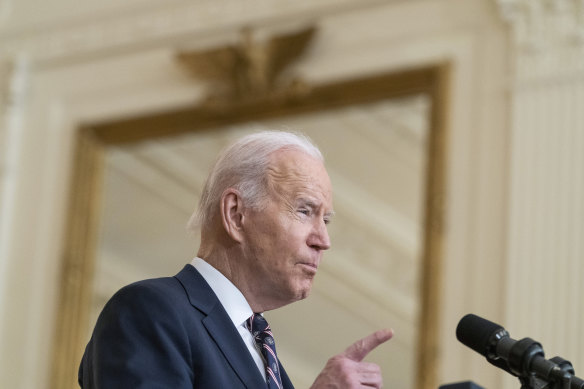 US President Joe Biden speaks about Ukraine in the East Room of the White House.