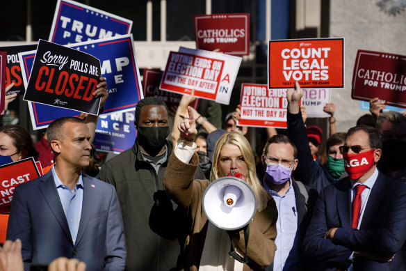 Former Florida attorney-general Pam Bondi speaks about a court order granting Donald Trump’s campaign more access to vote counting operations in Philadelphia in 2020.