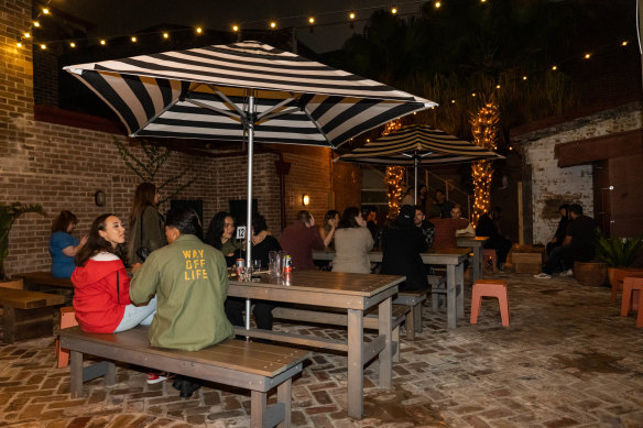 The Lady Hampshire’s beer garden has exposed, recycled brick and long, wood seating.  