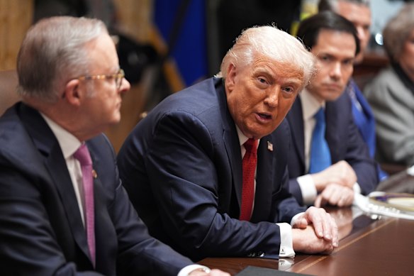 President Donald Trump speaks during a meeting with Anthony Albanese.