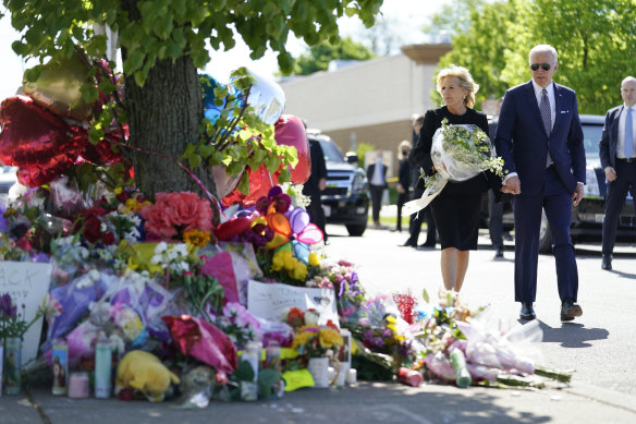 President Joe Biden and first lady Jill Biden visiting the scene of the Buffalo mass shooting in May 2022.