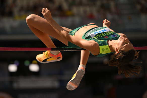 Nicola Olyslagers in action during qualifying for the high jump at the world athletics championships.