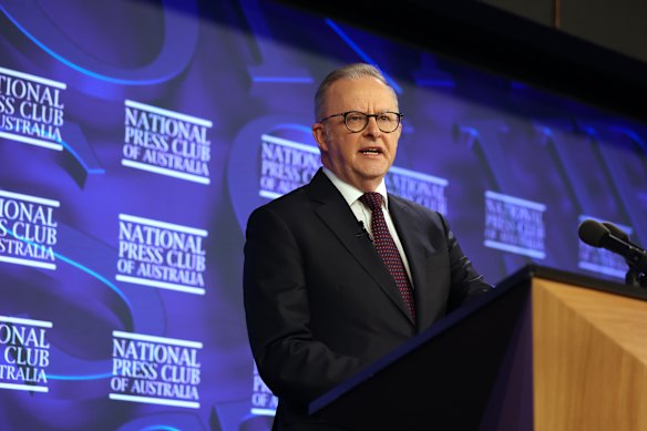 Prime Minister Anthony Albanese at an address to the National Press Club of Australia in Canberra on Thursday.