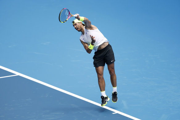 Spanish champion Rafael Nadal practises at Melbourne Park.