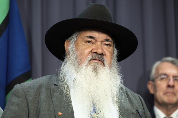 Senator Patrick Dodson during a Parliament House press conference with members of the Referendum Working Group in March 2023.