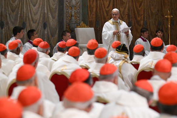 The new pontiff addresses his cardinals on Friday.