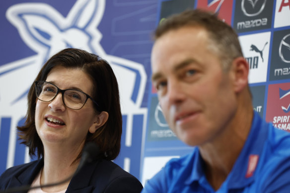 North Melbourne President Sonja Hood speaks to the media after announcing Clarkson as the Kangaroos’ new coach.
