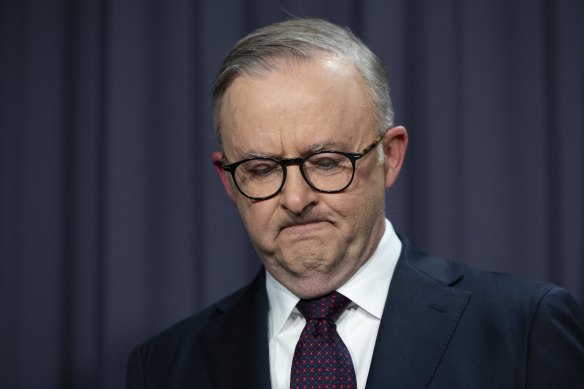 Anthony Albanese speaks after the failure of the Yes vote on Saturday night.