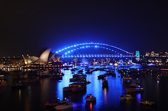 The Sydney Harbour Bridge is illuminated in recognition of the City of Sydney’s official charity partner, Beyond Blue.