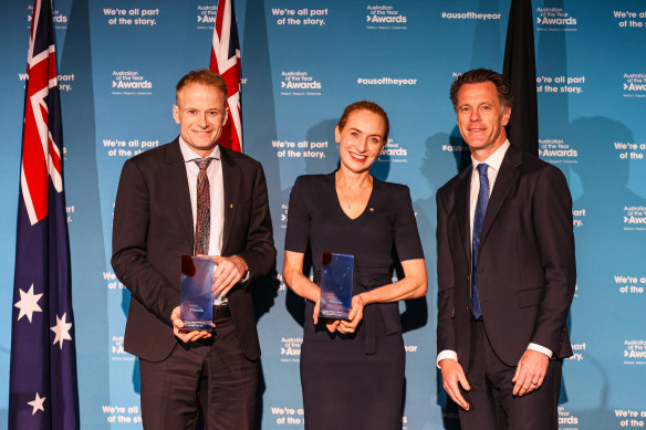 Professors Georgina Long and Richard Scolyer, NSW’s 2024 Australians of the Year, with Premier Chris Minns.