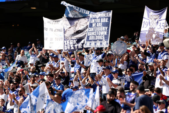 Bulldogs fans cheer during the clash against Newcastle.