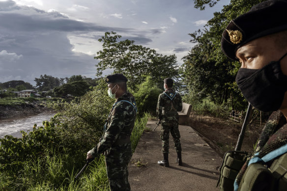 Thai soldiers on COVID patrol in the border town of Mae Sot, which sits directly across the Moei River from Myawaddy, Myanmar.