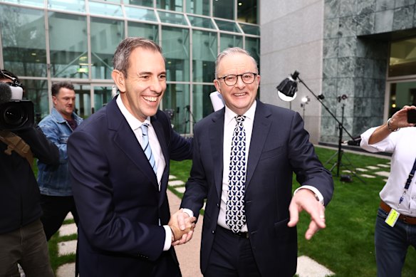 Treasurer Jim Chalmers and Prime Minister Anthony Albanese at a post-budget TV interview last week.