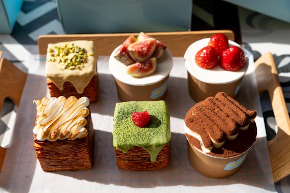 Clockwise from left: Pistachio tissue bread; mini waterfall cakes in fig, strawberry and tiramisu flavours; matcha tissue bread; and lemon meringue tissue bread. 