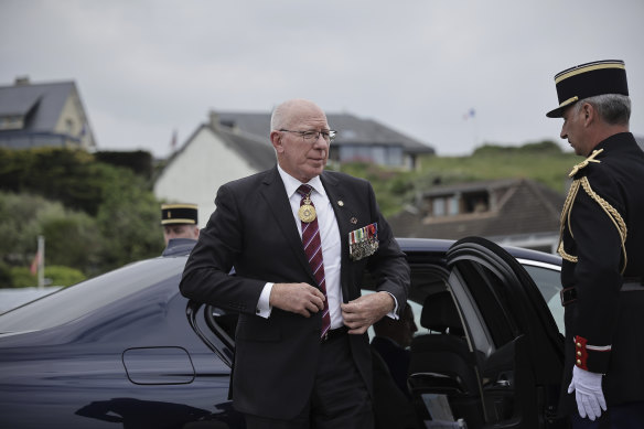 Governor-General of Australia David Hurley arrives at the international ceremony at Omaha Beach, Normandy, France.