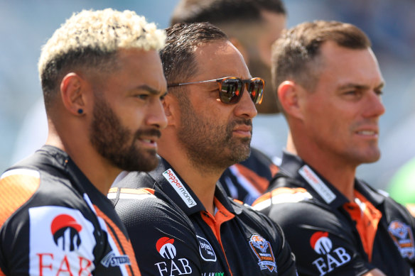 Tigers captain Api Koroisau, coach Benji Marshall and his assistant John Morris.