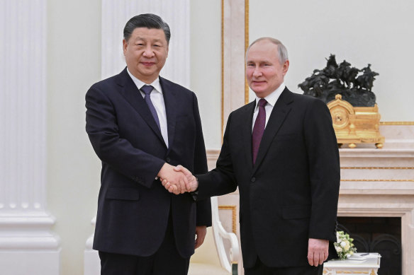 Xi Jinping and Vladimir Putin in a show of unity at the Kremlin in March.