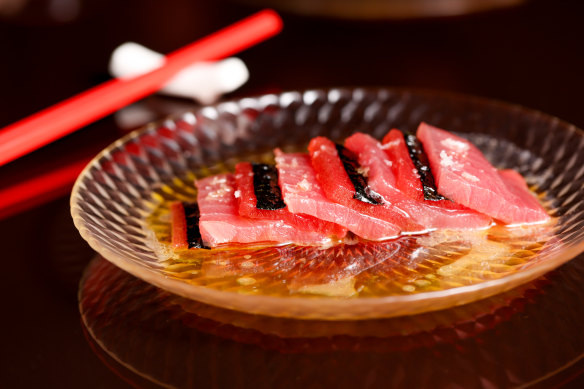 Tuna crudo with watermelon, a study in ruby red.