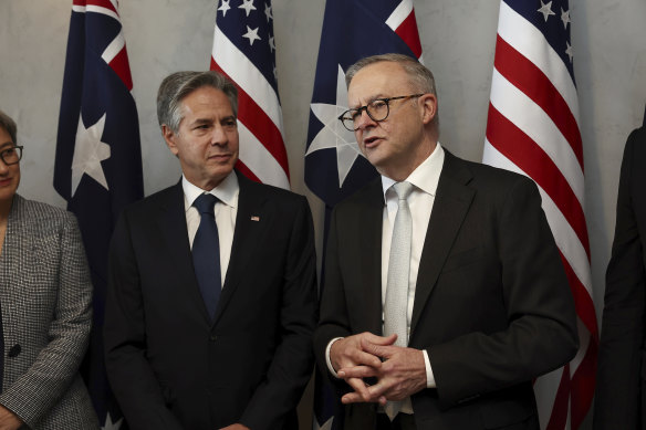 Australian Prime Minister Anthony Albanese (right) speaks to US Secretary of State Antony Blinken.