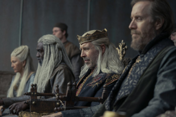 Eve Best as Princess Rhaenys Velaryon, Steve Toussaint as Lord Corlys Velaryon, Paddy Considine as King Viserys I Targaryen, Rhys Ifans as Ser Otto Hightower in House of the Dragon.