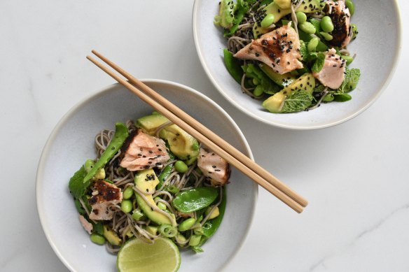 Miso salmon, soba noodle and avocado salad.