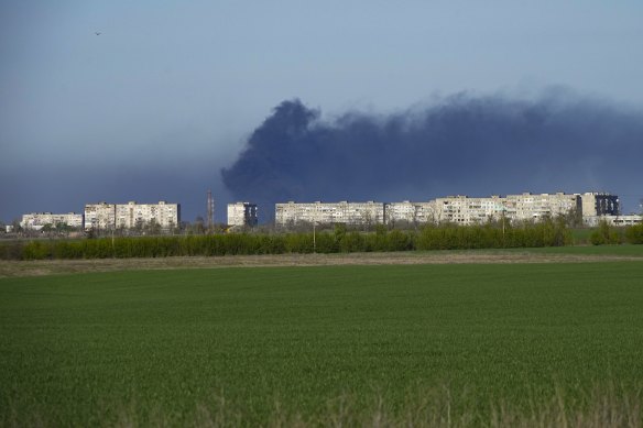 Smoke rises from the Metallurgical Combine Azovstal in Mariupol.