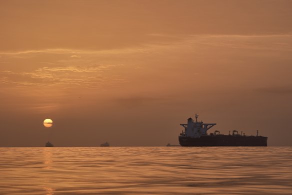 Tankers anchored in the Strait of Hormuz. 