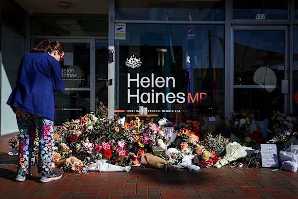 Floral tributes outside Helen Haines’ electorate office in Wangaratta on Thursday.