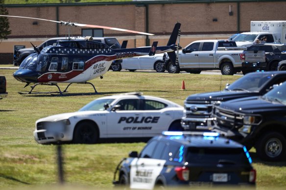 A medical helicopter is seen in front of Apalachee High School after a shooting at the school in Winder, Georgia.