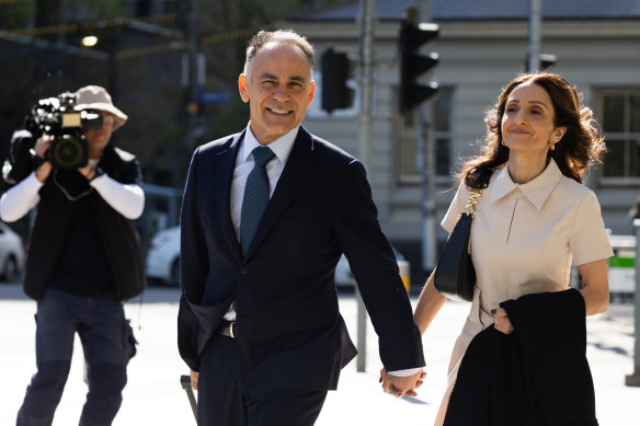 Opposition Leader John Pesutto with wife Betty arriving at court on Wednesday.