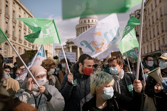 Leaders of France’s 114-year-old university student union, Unef, from left, Maryam Pougetoux, Quentin Bourgeon and Adrien Lienard at a demonstration in Paris, March 19, 2021. 